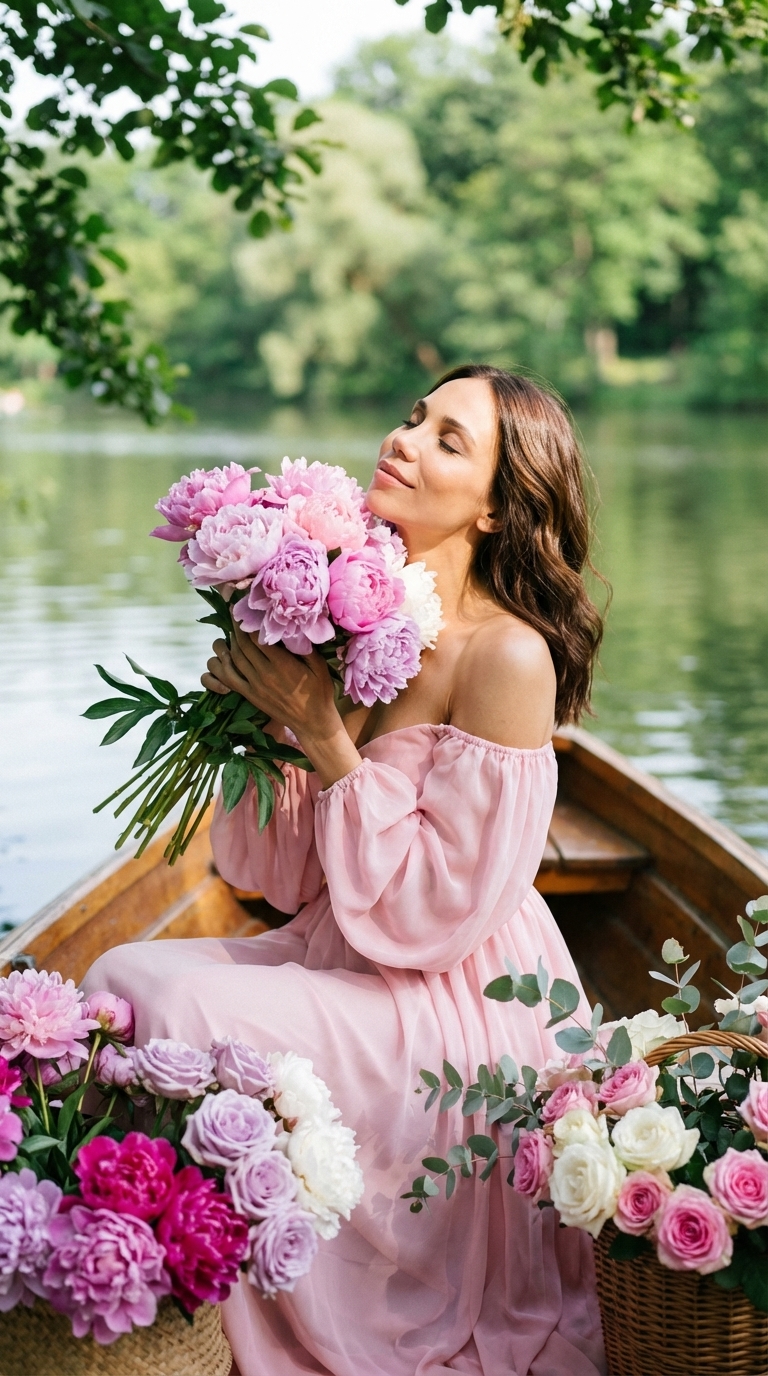 Девушка с пионами в лодке