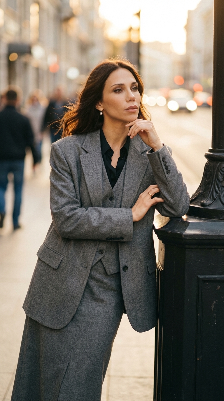 Серый костюм у фонаря