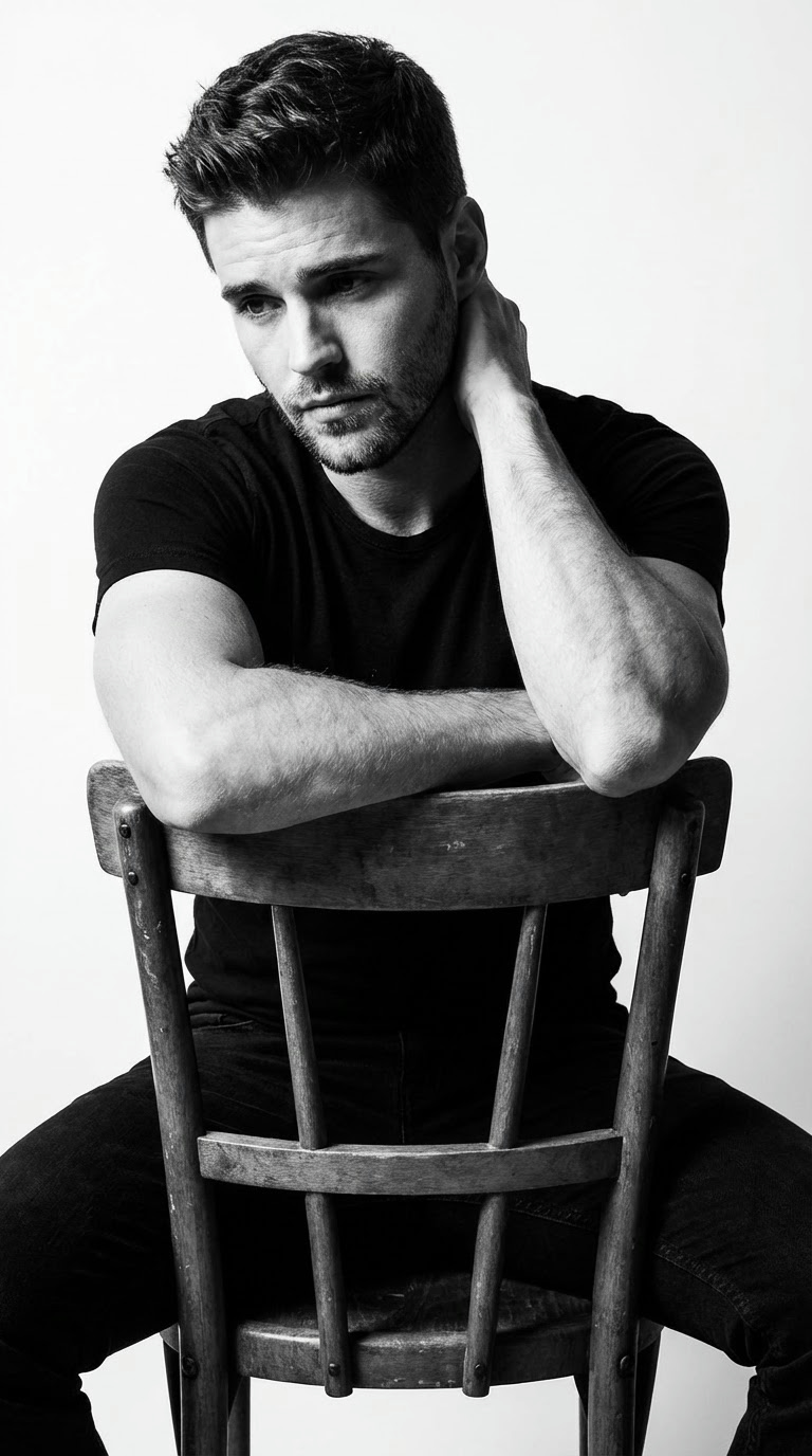 B&W сидя на стуле спиной