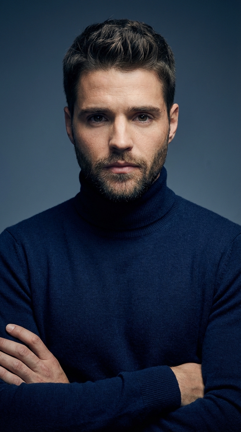 Синяя водолазка скрещенные руки