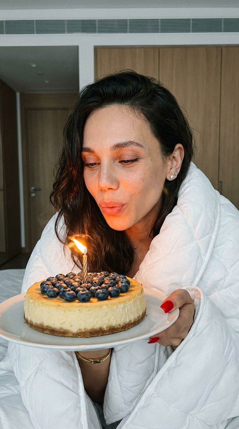 Задувает свечку на торте