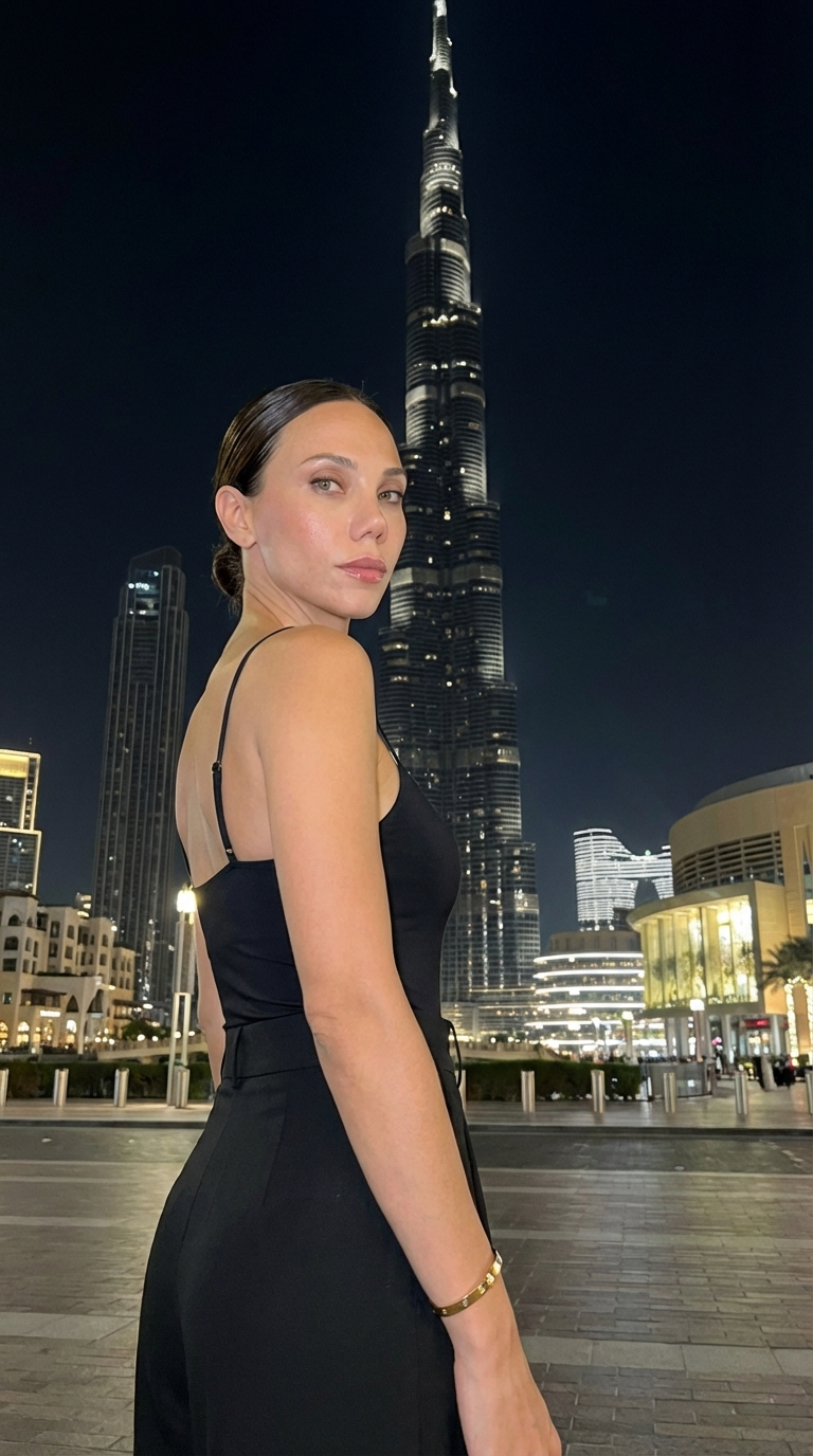 На фоне Бурдж-Халифа ночью