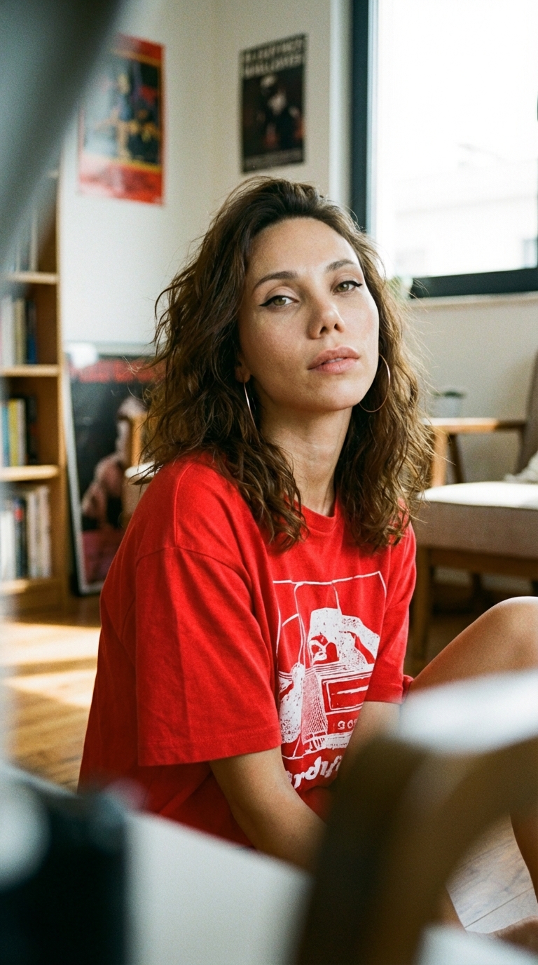 На полу в красной футболке