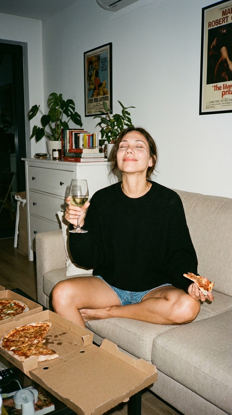 На диване с пиццей и вином