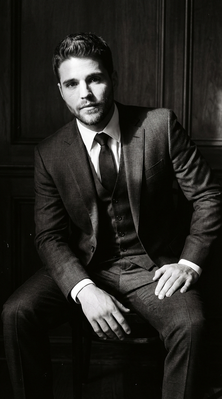 В трехчастном костюме с драматичным светом