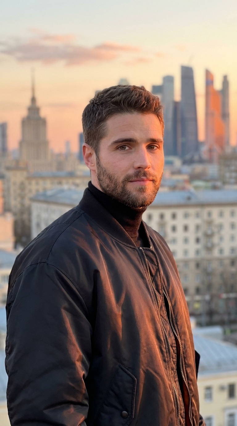 Мужчина в черном бомбере на фоне города