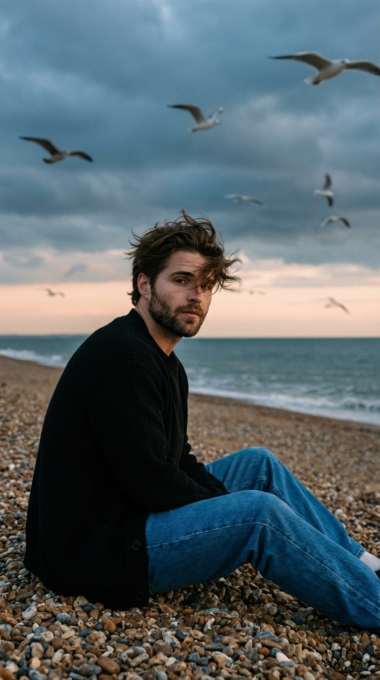 Человек на галечном пляже на закате