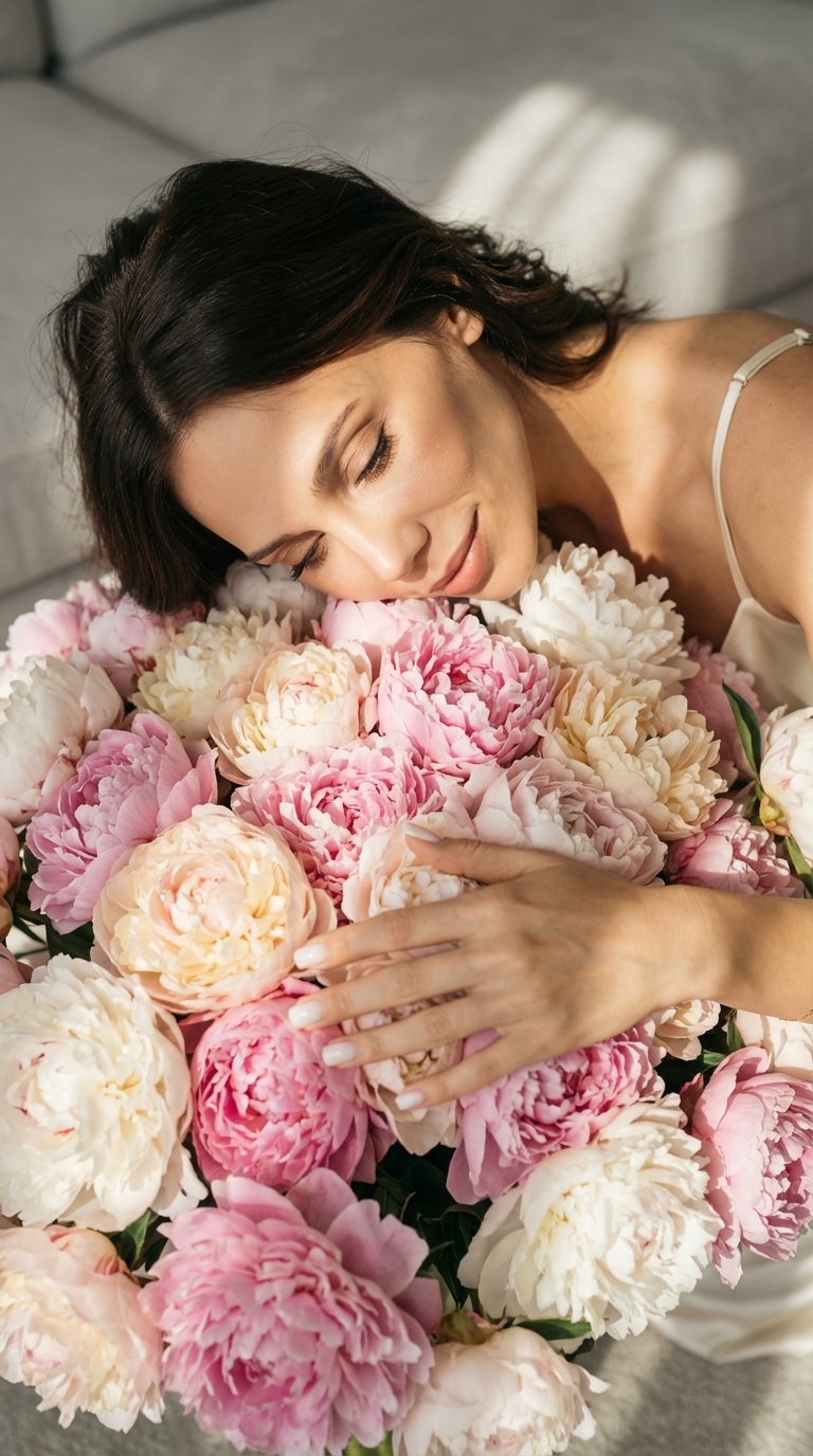 Женщина с букетом пионов в роскошной квартире